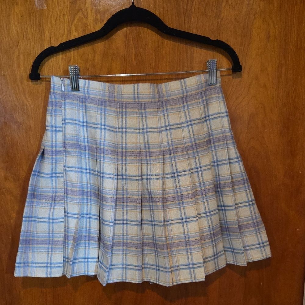 Plaid Pleated Skirt - Blue and Cream